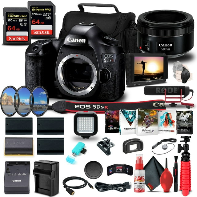 Canon EOS 5DS R DSLR Camera (Body Only) (0582C002) + 4K Monitor + Canon EF 50mm Lens + Pro Mic + 2 x 64GB Memory Card + Filter Kit + 3 x LPE6 Battery + External Charger + Card Reader + More