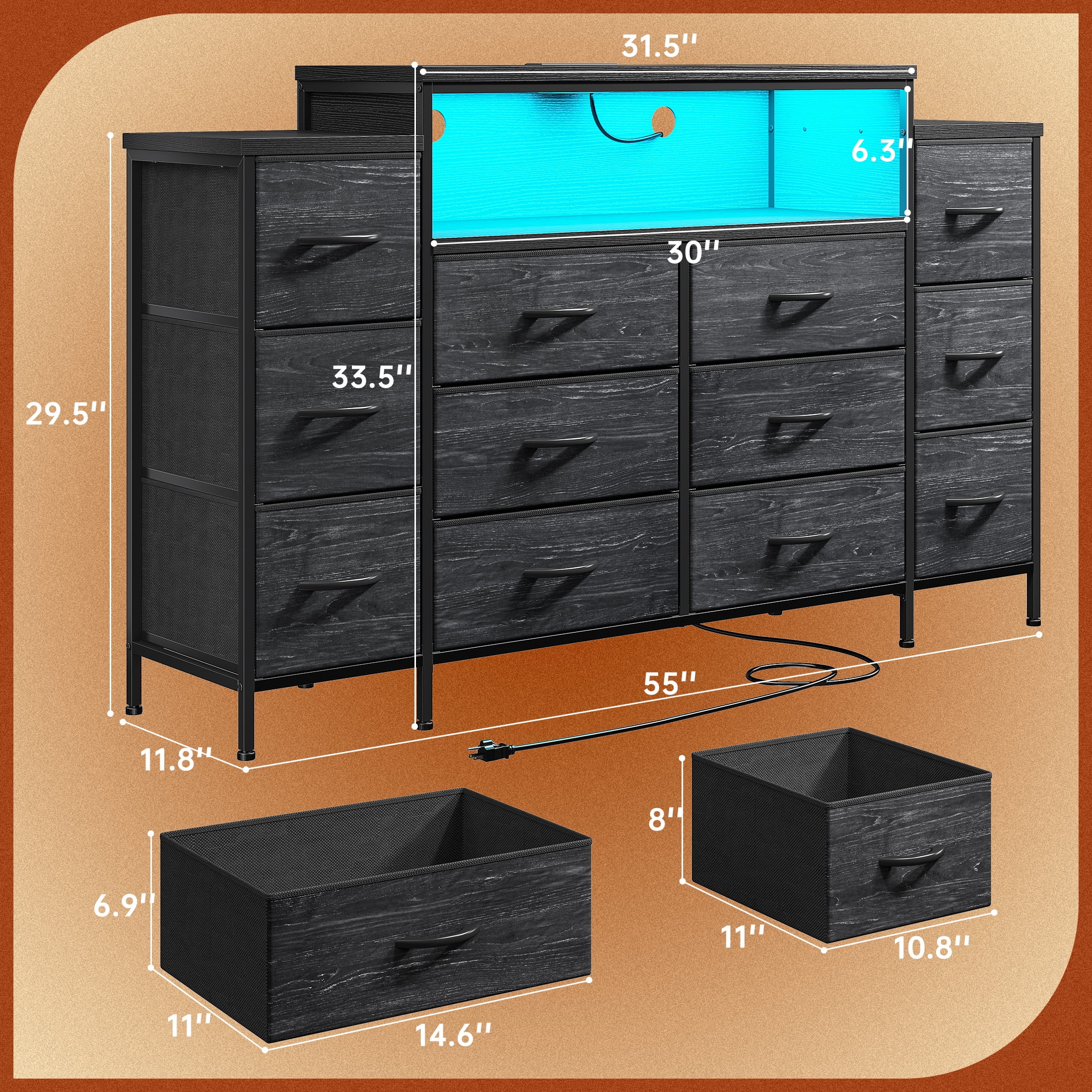 EnHomee 55" W Black Dressers for Bedroom with LED Lights & Charging Station 12 Drawer Fabric Dressers,11.8"D x 33.5"H