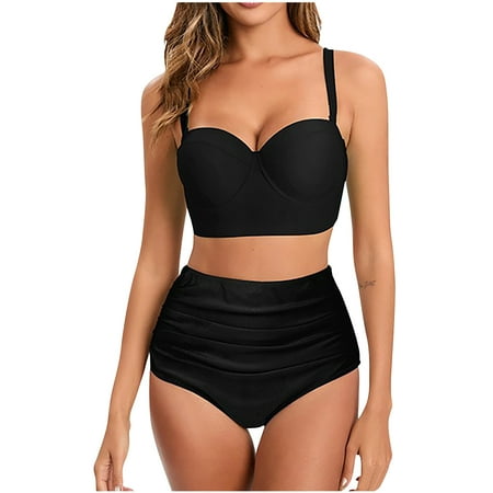 Deals UTSJKR Womens High Waisted Push up Bikini Sets Vintage Swimsuits Strappy Top Ruched Bottom Two Piece Bathing Suits Black 20