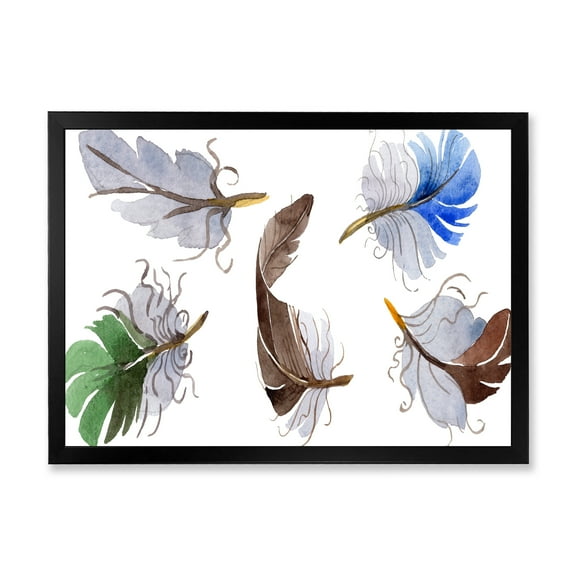 Designart 'Colourful Boho Feather Set On White IV' Bohemian & Eclectic Framed Art Print