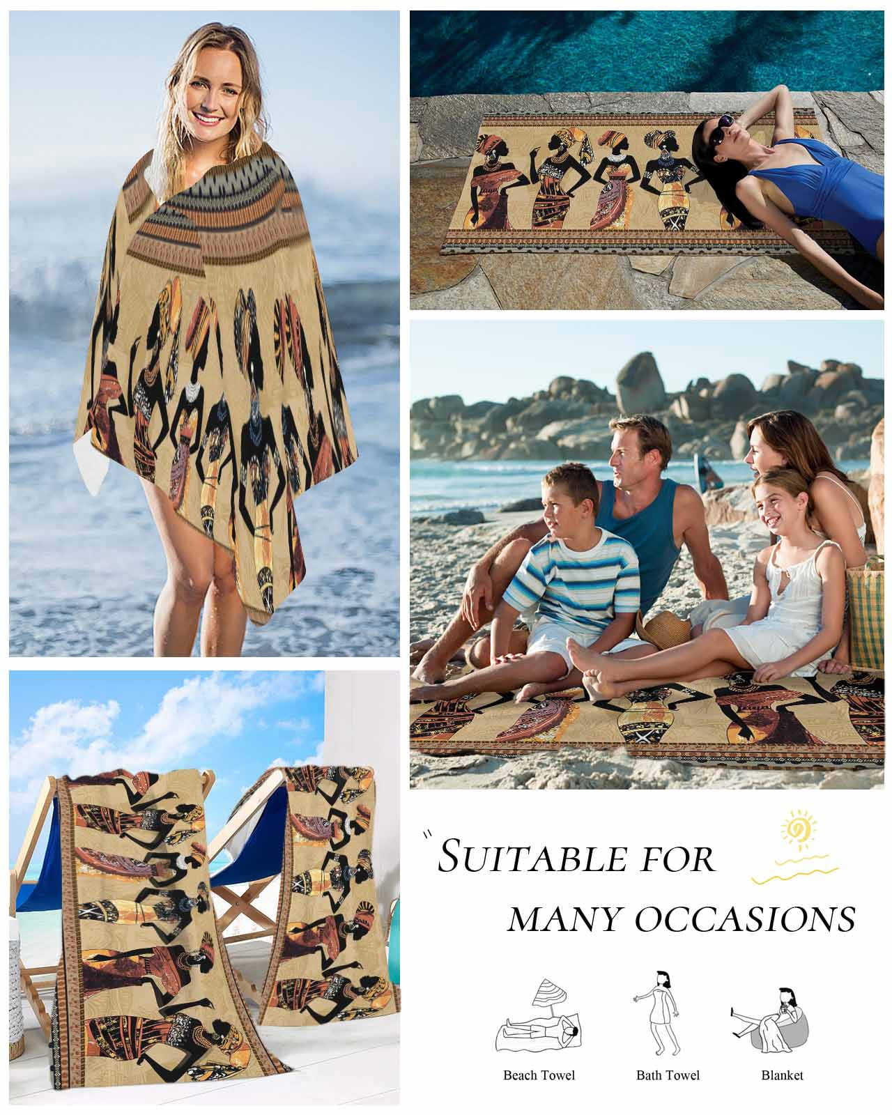 African Black Women Beach Towels Oversized Super Absorbent, Boho Ethnic Tribe Vintage Brown Lightweight Bath Towel Quick Dry Sets For Bathroom/Pool/Rv Camping/Beach Play/Gym Room/Picnic 30"x60"