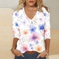 thumbnail image 5 of Felirenzacia Women’s White Blouse, V-Neck, Three-Quarter Sleeve Top with Large Blue Watercolor Floral Design, 5 of 5