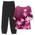 thumbnail image 5 of DDAPJ pyju Womens Cotton Linen 2 Piece Outfits Dressy Floral Print Half Sleeve Blouse Tops with Elastic Waist Capri Pants Suits Plus Size Lounge Matching Set Hot Pink XXL, 5 of 6