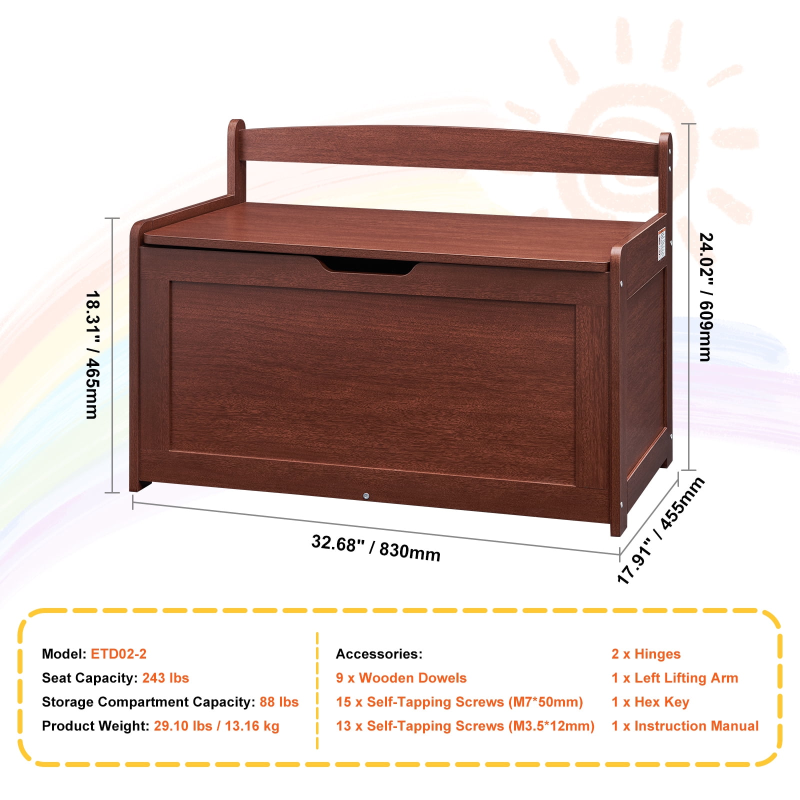KFFKFF Children's Wooden Storage Chest, Flip-Top Lid with Safety Hinge, 32.68 x 17.91 x 24.02" Spacious Bench for Toys, Suitable for Playrooms, Bedrooms, Living Spaces, Cherry Finish
