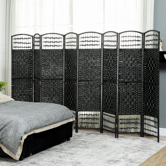 HOMCOM 8 Panel Room Divider, Folding Privacy Screen, 5.6' Room Separator, Wave Fiber Freestanding Partition Wall Divider, Black
