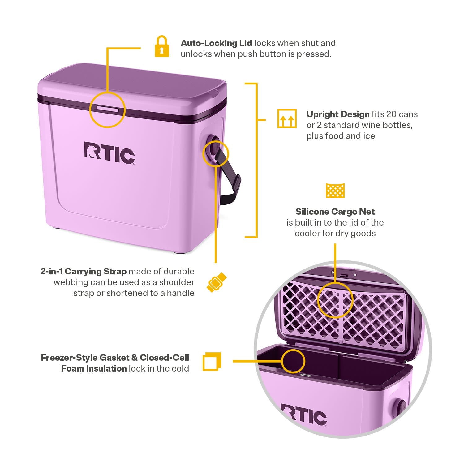 RTIC 16 QT Hard-Sided Ice Chest Cooler, Fits 20 Cans, Road Trip, Lavender/Plum