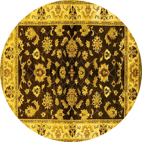 Ahgly Company Machine Washable Indoor Round Oriental Yellow Traditional Area Rugs, 8' Round