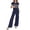 Navy, variant on Women's 2-Piece Set - Sheer Mesh Grid Short Sleeve Top & Drawstring Wide Leg Pants Navy XXL