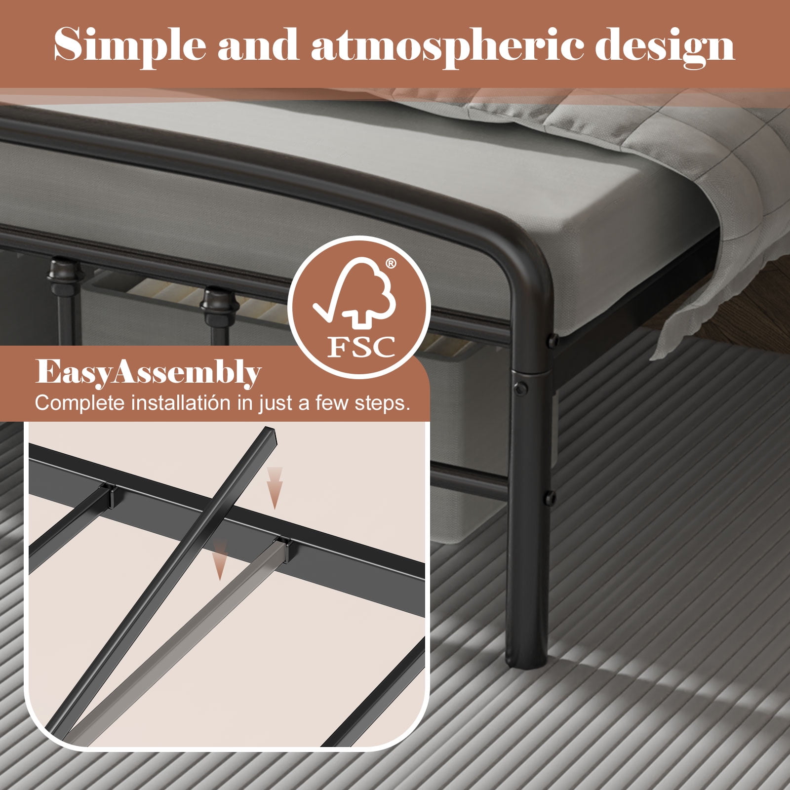 Queen Bed Frame with Headboard,Victorian Style Headboard and Footboard, No Squeak, Heavy Duty 1500lbs Support, Easy 30-Min Tool-Free Assembly, No Box Spring Needed/Underbed Storage
