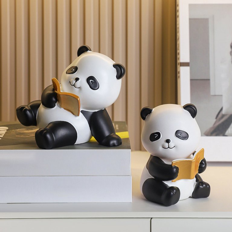 2-Piece Cute Panda Bookends - Resin Animal Sculptures For Bookshelf Decor