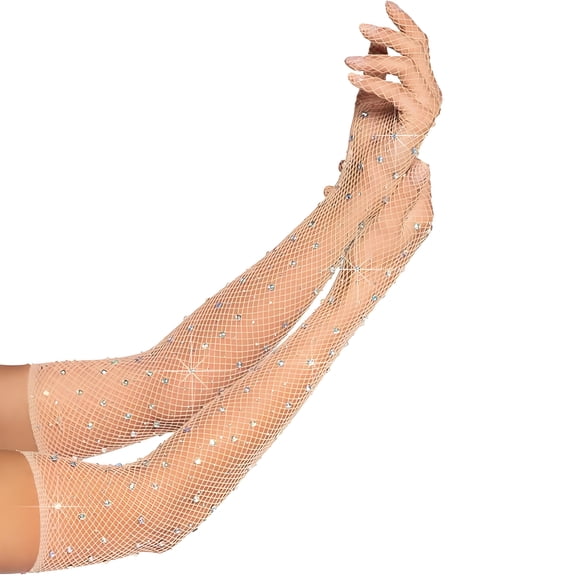 Rhinestone Fishnet Gloves, Nude, Women, Fits S-XL, Way to Celebrate