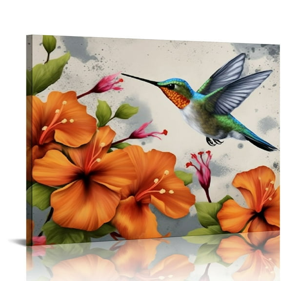 Nawypu  Bird Painting Art Prints Abstract Hummingbird with Hawaii Hibiscus Flower Canvas Wall Art Orange Poster Picture with Frame Modern Home Living Room Wall Decor