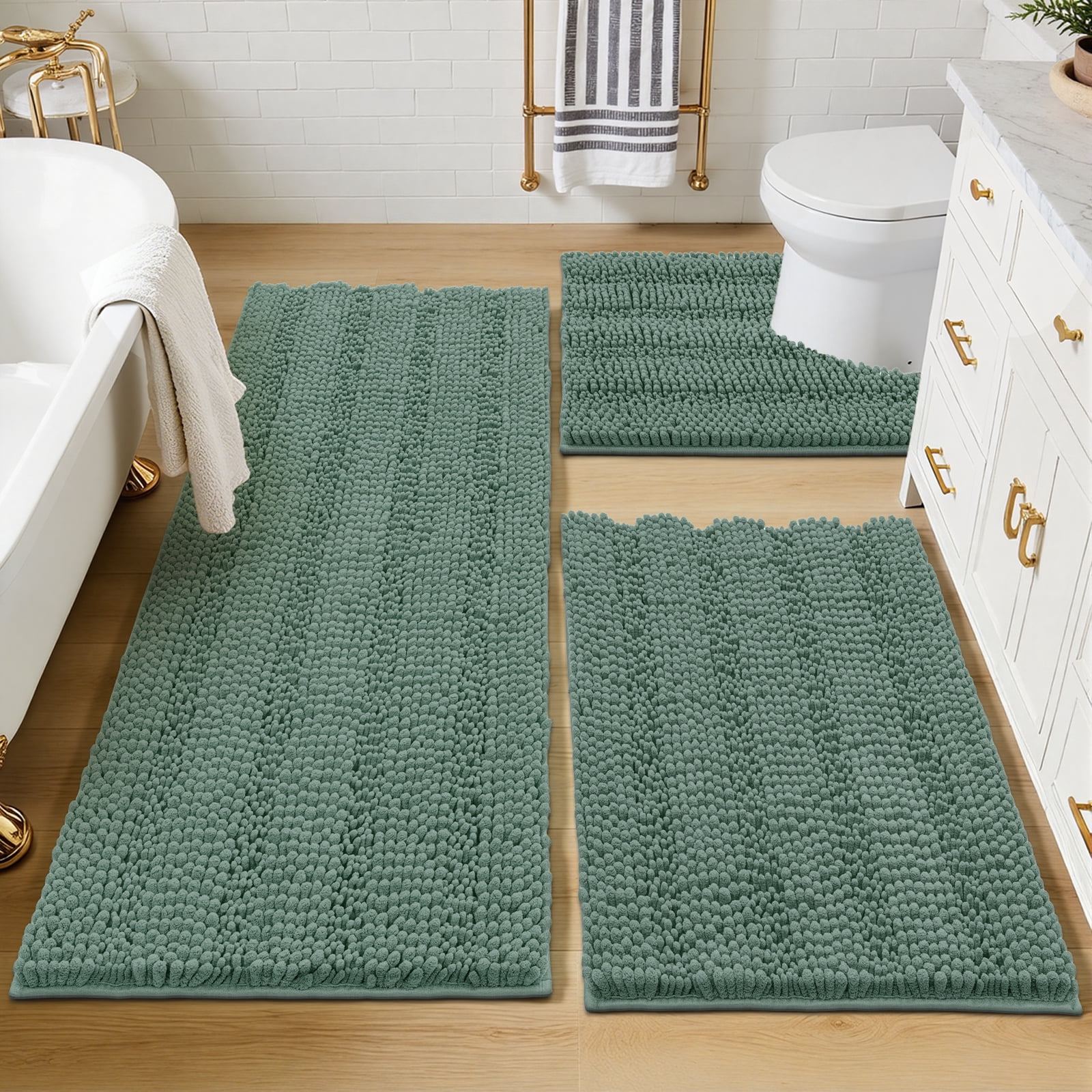 Ileading Ultra Soft Bathroom Rug Set 3 Pieces, Non Slip Thick Chenille Striped Bath Mat, Absorbent Plush Shaggy Bath Rugs for Bathroom,Sage Green
