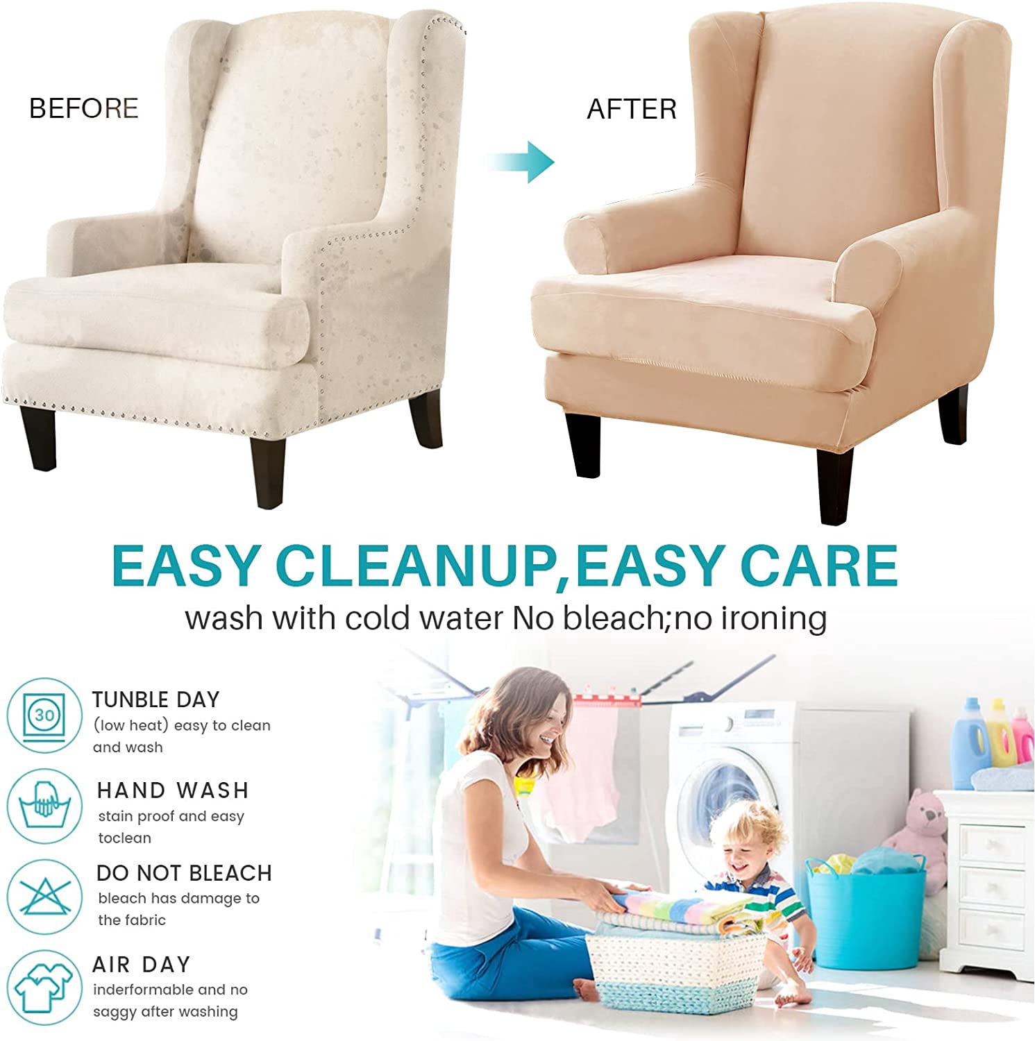 SHANNA Wingback Chair Slipcover Sofa Furniture Protector 2-Piece Armchair Covers with Seperate Seat Cushion Cover
