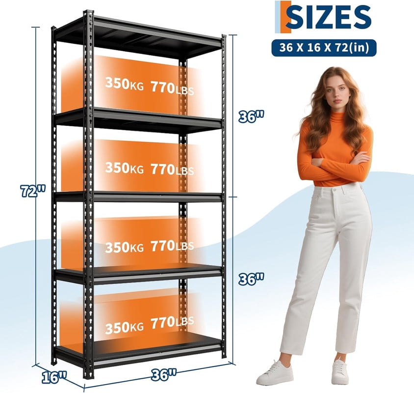 Towallmark 5-Tier Garage Shelving Unit, 36"W x 16"D x 72"H, Adjustable Metal Storage Shelf Heavy Duty 3850 Lbs Capacity