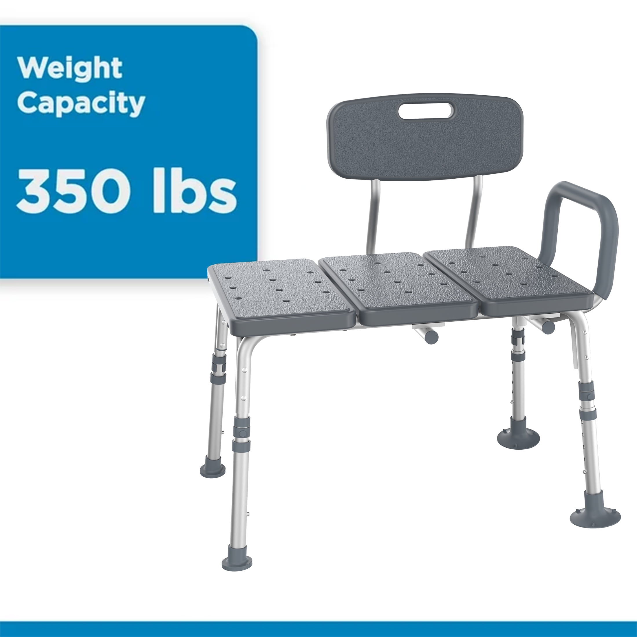 Equate Durable Transfer Bench with Back Rest, Shower Bench, Antimicrobial, Gray