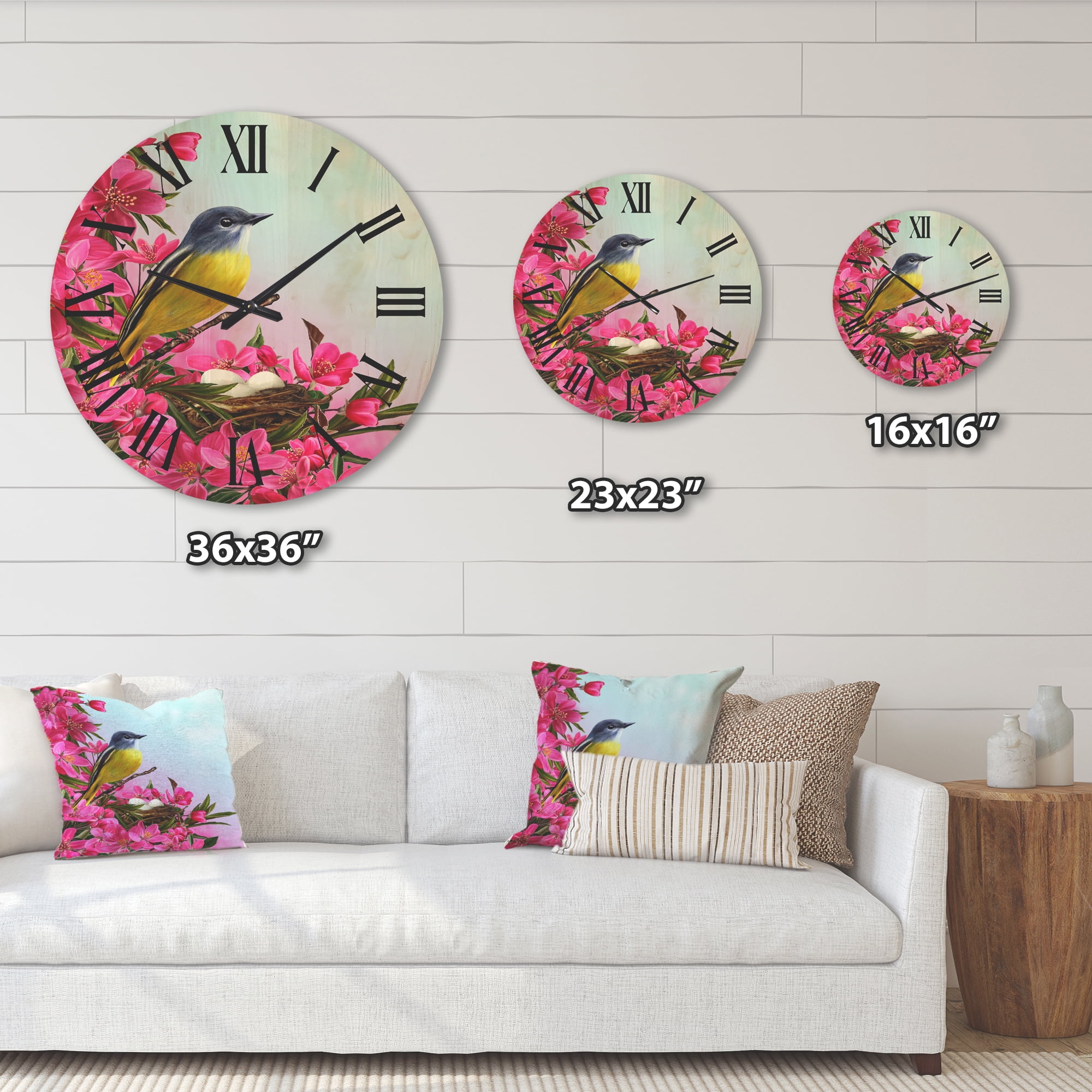 Designart 'Little Yellow Bird Near The Nest with Pink Flowers' Traditional Wood Wall Clock