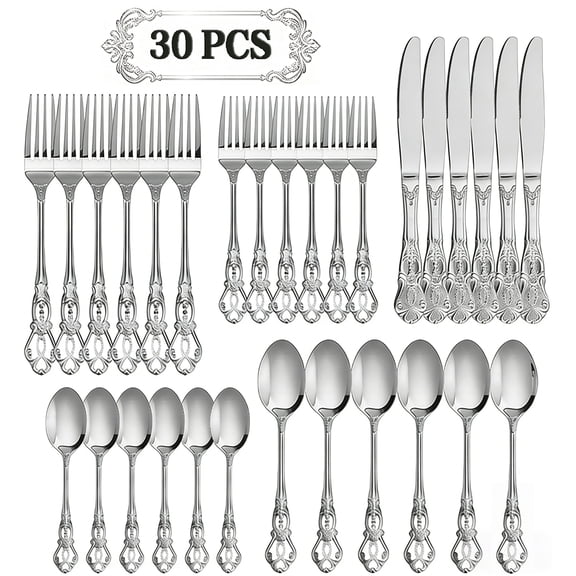 Blusmart 30-Piece Silver Flatware Set for 6, Modern Mirror Polished Stainless Steel Cutlery Set with Steak Knives, Dishwasher Safe Silverware