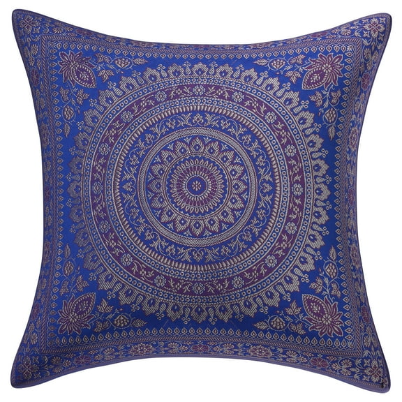 Stylo Culture Indian Brocade Living Room Throw Pillow Sham Cover Royal Blue 16 x 16 Traditional Jacquard Weave Gold Sofa Cushion Cover 40x40 cm Polydupion Silk Mandala Square Pillow Case | 1 Pc