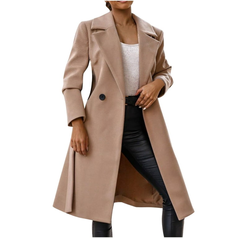 fartey Women Trench Coat Long Sleeve Pea Coat Open Front One Button Wool  Blend Solid Long Jacket Overcoat Outwear