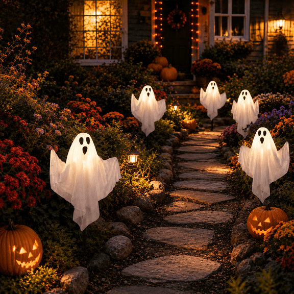 Halloween Solar Ghost Stake Lights 3 Pack, 23.6 Inch Outdoor LED Decorations with Colorful String Lights, Yard Garden Pathway Lighting, Waterproof Spooky Display