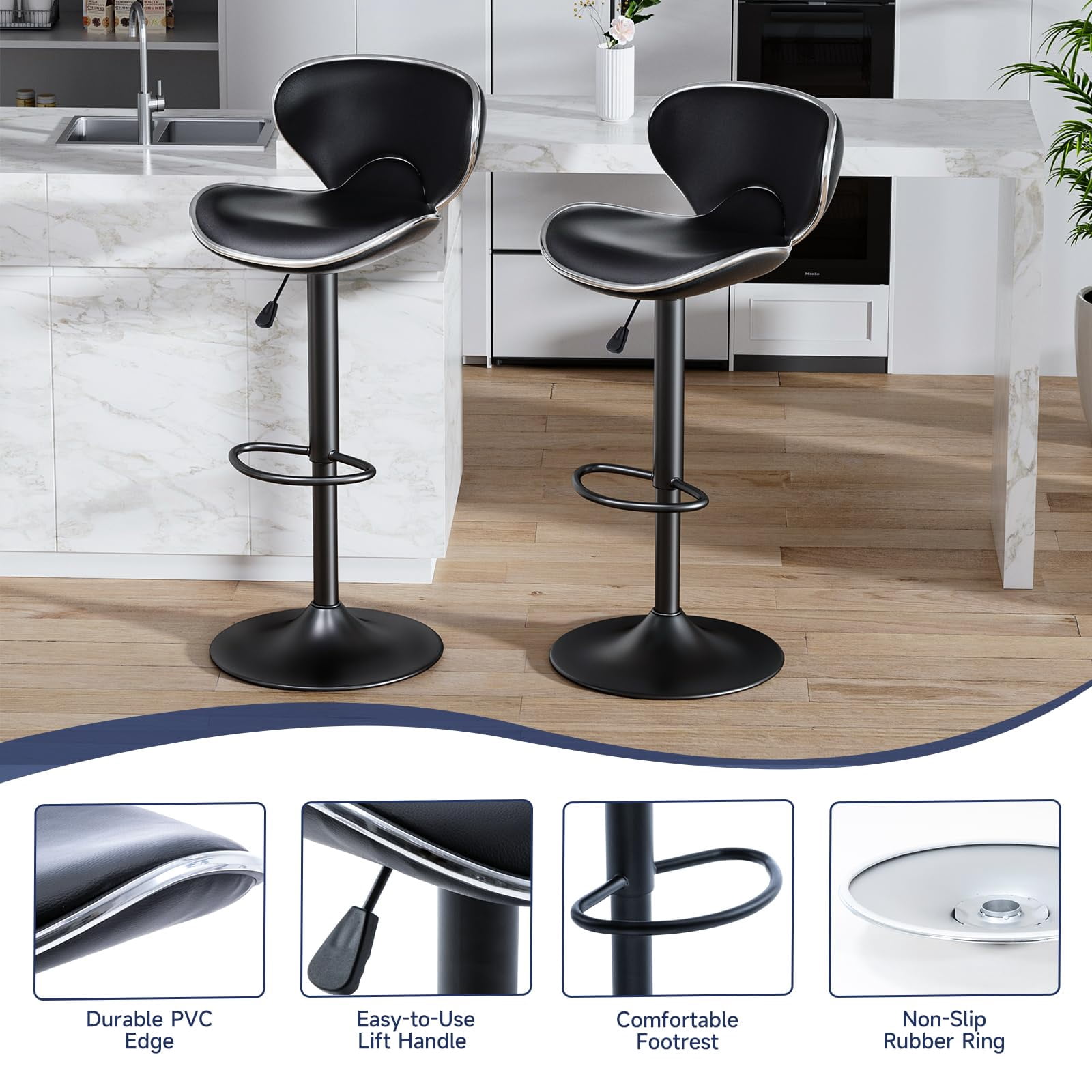 Adjustable Swivel Bar Stools Set of 2 , Modern PU Leather Upholstered Bar Chairs with Chrome Base for Kitchen Island, Dining Room, Pub, Counter (Black,Black Base)