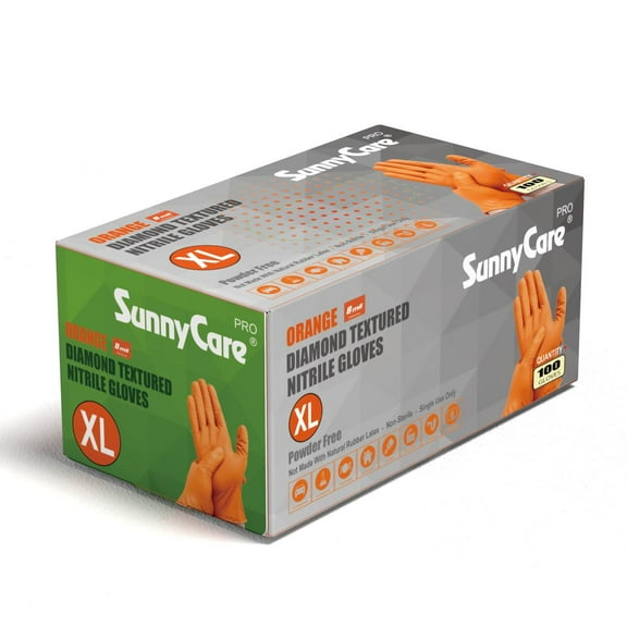 SunnyCare®, ORANGE, DIAMOND TEXTURED NITRILE GLOVES, 8 MIL, 100 PER BOX, SIZE: X-Large