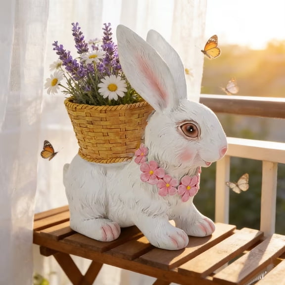 Resin Bunny Planter Simulated Rabbit Figurines with a Flower Basket on Back Cute Animal Sculpture Succulent Planter Flower Pots for Home Garden Small Plants