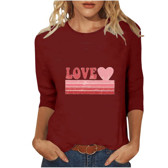 Yteetum Valentine's Day 3/4 Sleeve Tops for Women Oversized Crewneck Valentines Graphic Print Short Sleeve T Shirt Womens Casual Solid Round Neck Loose Comfy Three Quarter Sleeve Shirt Spring Clothes