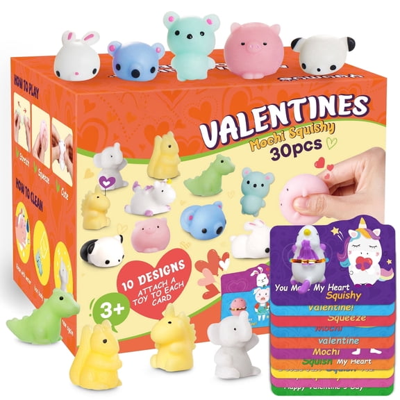 30 Pack Valentines Day Gift Cards with Mochi Squishy Toys Set for Kids, Valentine's Greeting Cards with Animals Squishies Toys Valentine School Classroom Exchange Prizes