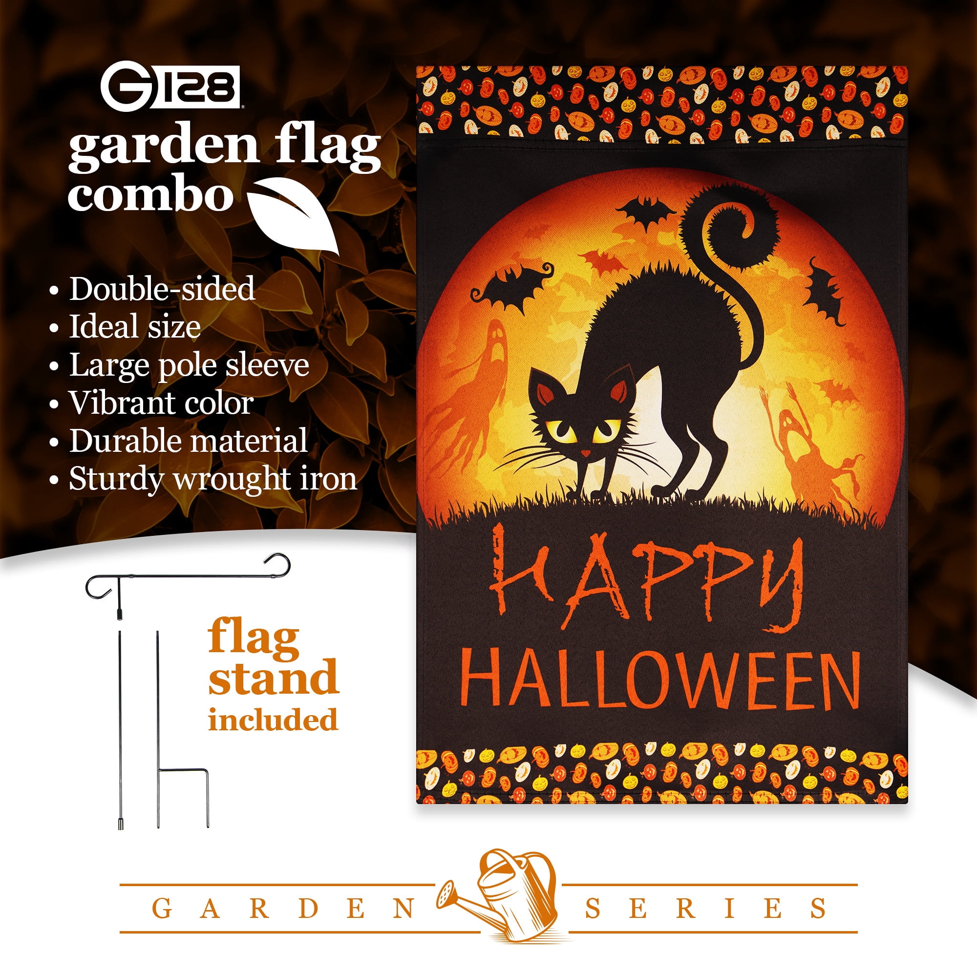 G128 Double-Sided Halloween Garden Set 12"x18" with 36"x16" Garden Flag Holder Stand Outdoor Porch