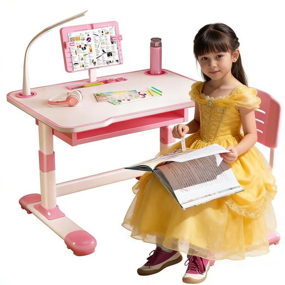 【US Shipped】 Kids Desk and Chair Set Height Adjustable, with Light, Book & Bottle Holder, Kids Art Desk, Kids Study Desk and Chair Set for Girls Boys Desk, Home School Drafting Desk for Children
