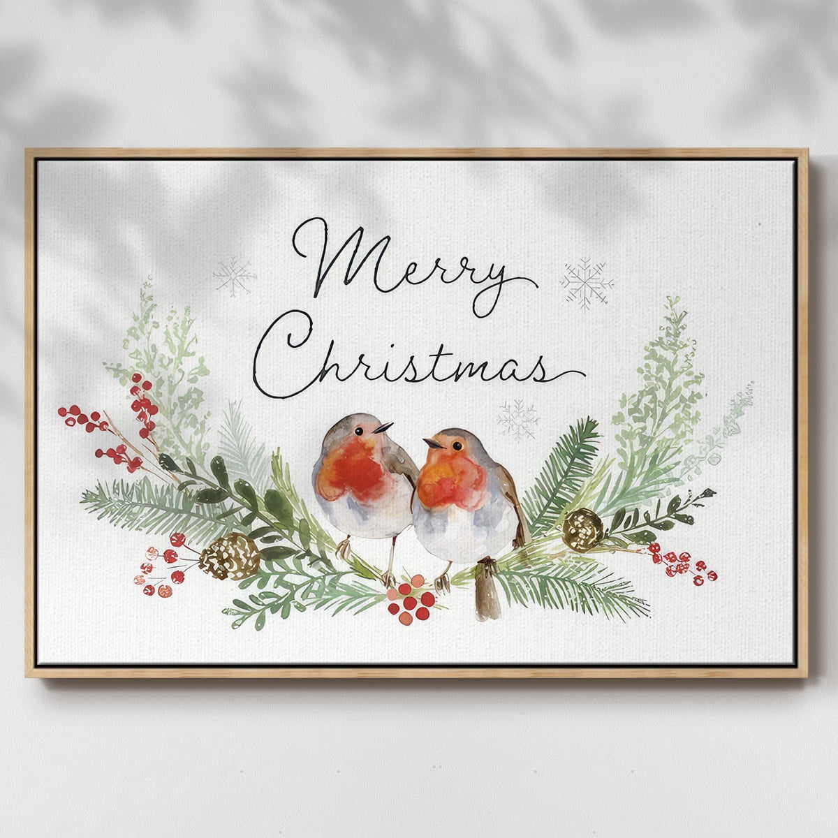 Winter Visitor Collection A - Framed Gallery Wrapped Holiday Canvas - 27 x 41 - Natural Wood Frame