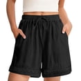 thumbnail image 4 of POROPL Womens Shorts,Linen Elastic Waist Drawstring Lace Trim Shorts with Pockets,Black Size 8, 4 of 8