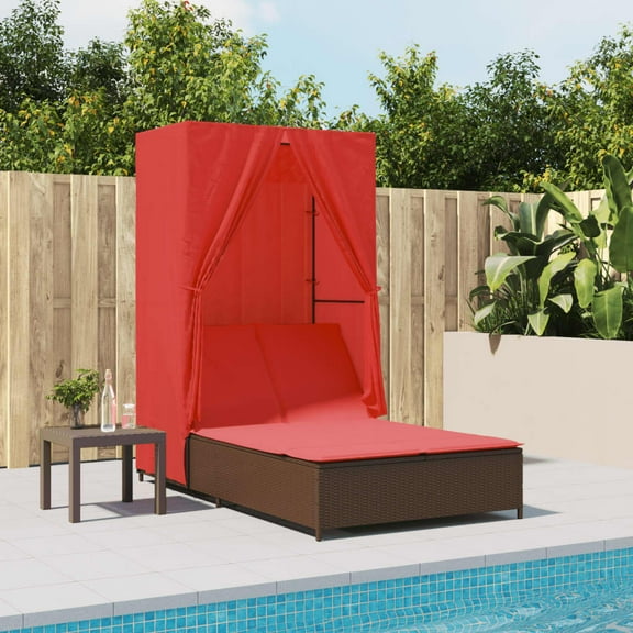 vidaXL Double Sun Lounger with Roof and Curtains Brown Poly Rattan