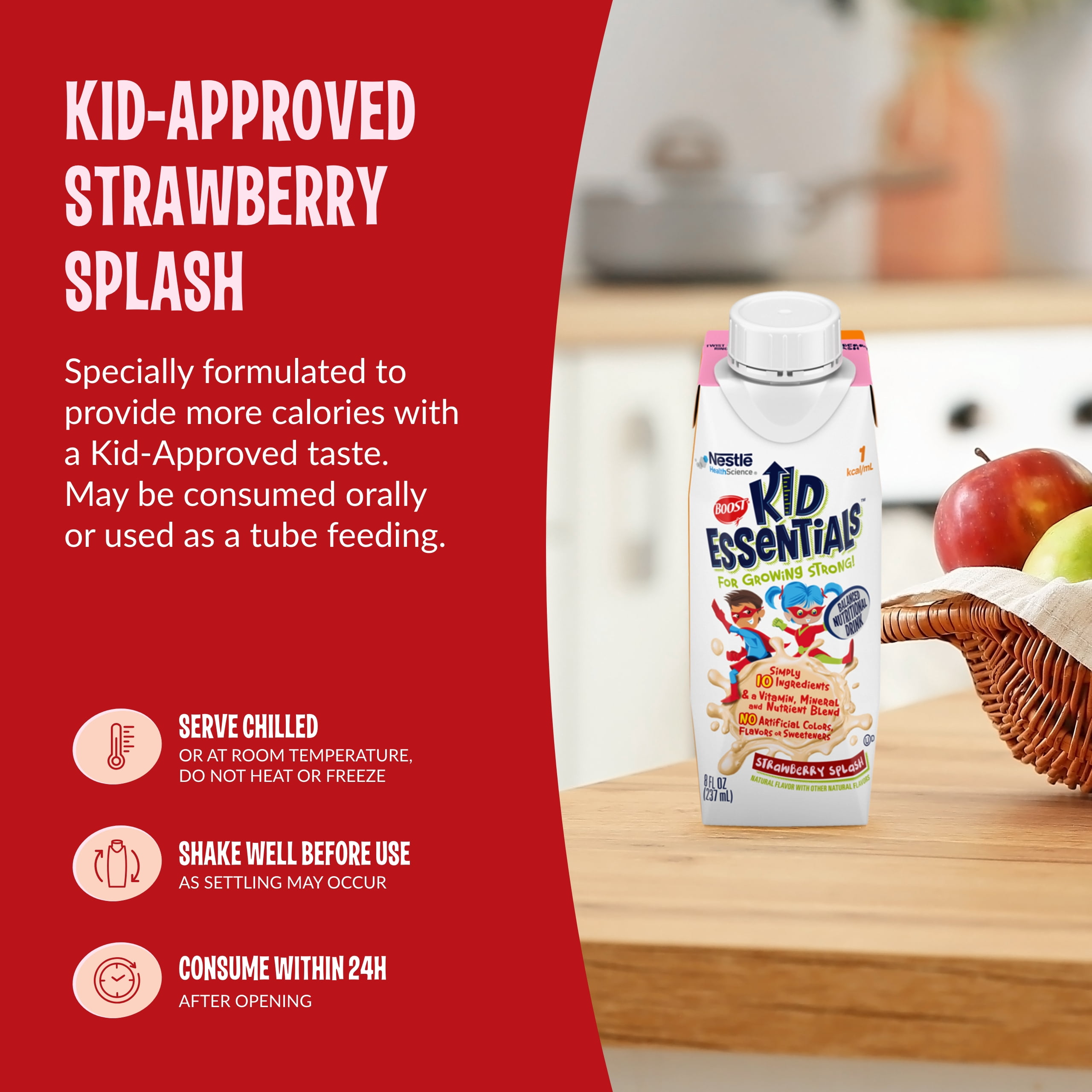 Boost Kid Essentials 1.0 ml Pediatric Nutrition Shake, Strawberry Splash, 8 fl oz, 24 Count