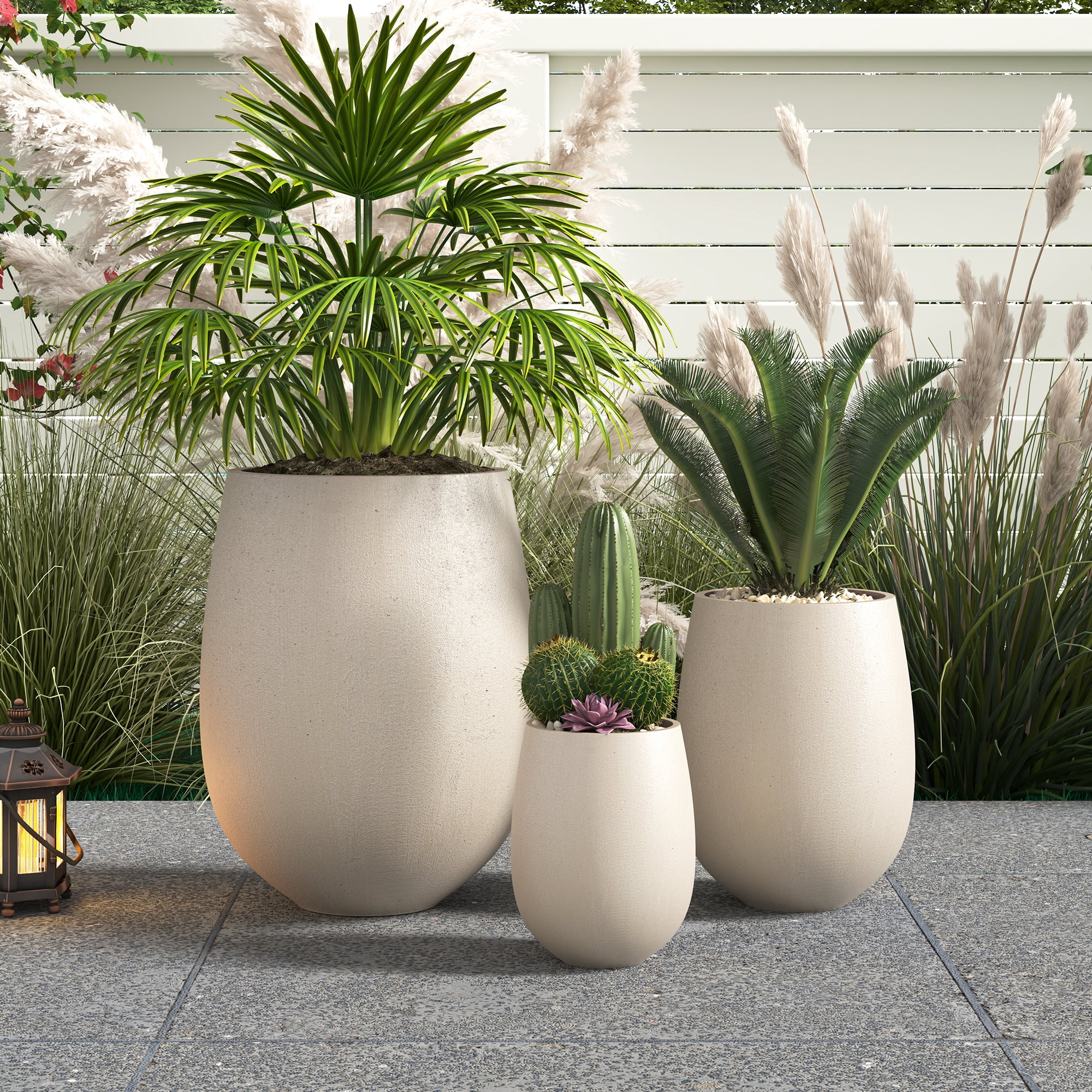 Mintazer Modern Planter Set of 3, 15.6"/10.74"/7.3" Round Stackable Flower Pots with Drainage Holes, Decorative Plant Pots for Indoor & Outdoor, Light Beige