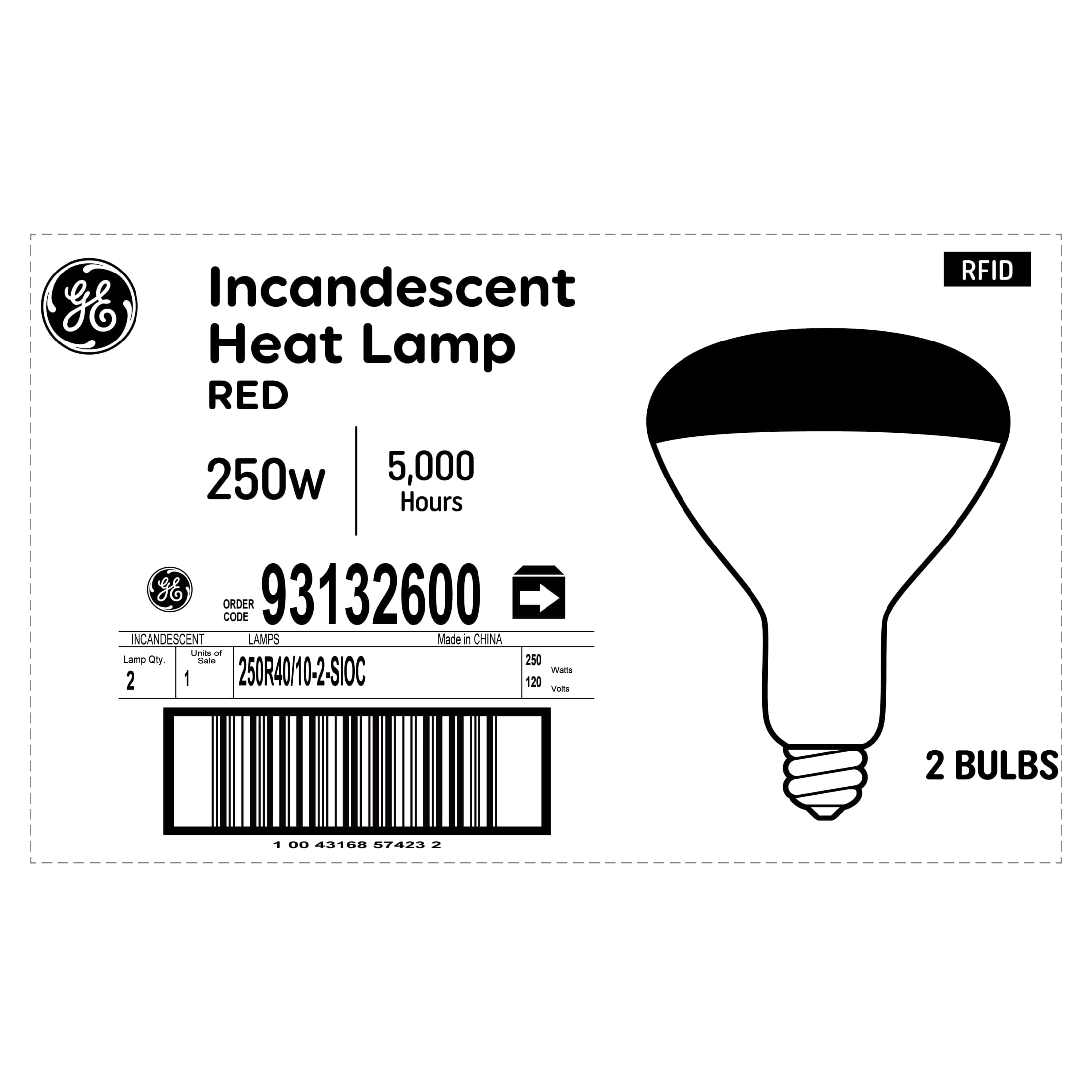 GE Incandescent Heat Lamp, 250 Watt Replacement, Red, BR40 Clear Floodlight Bulb (2 Pack)