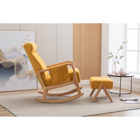 Polyester Upholstered High Backrest Accent Glider Rocker Chair With Ottoman Yellow