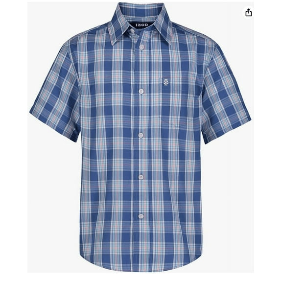 IZOD Boys' Short Sleeve Button-Down Plaid Dress Shirt (Small)
