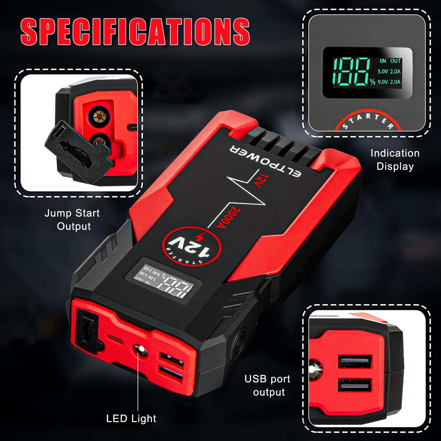 ELTPOWER 20000mAh Car Battery Jump Starter for Up to 9L Gas 7L Diesel, 2000A  Peak Auto Car Jump Starter with LED and USB Quick Charge 3.0 