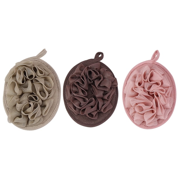 EeaseMX 3 piezas de bola de baño suave para baño, red de burbujas, color sólido, esponja de baño, accesorio de baño portátil con flores (caqui, café oscuro, rosa oscuro)