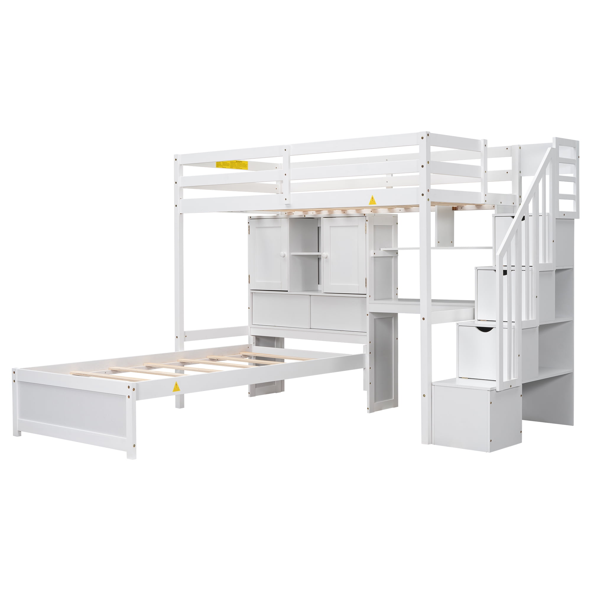 EUROCO Twin over Twin Bunk Bed with Desk and Shleves, Bookcase and Staircase for Kids Teens, White