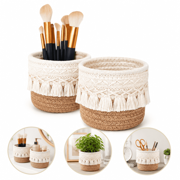 2 Pack Boho Desk Accessories, Macrame Makeup Brush Holder, Mini Woven Basket Pencil Holder, Multifunctional Little Basket Storage Container for Desk, Vanity and Home Decor, Yellow and White