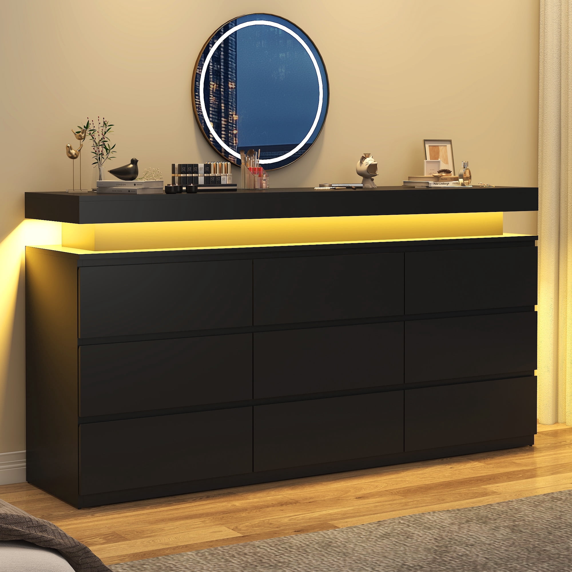 ChVans Black 9 Drawer Dresser with LED Lights, 63" Wide Modern Wood Chest of Drawers with Charging Station & Handle Free, LED Black Dresser for bedroom, Living Room, Entryway, Hallway