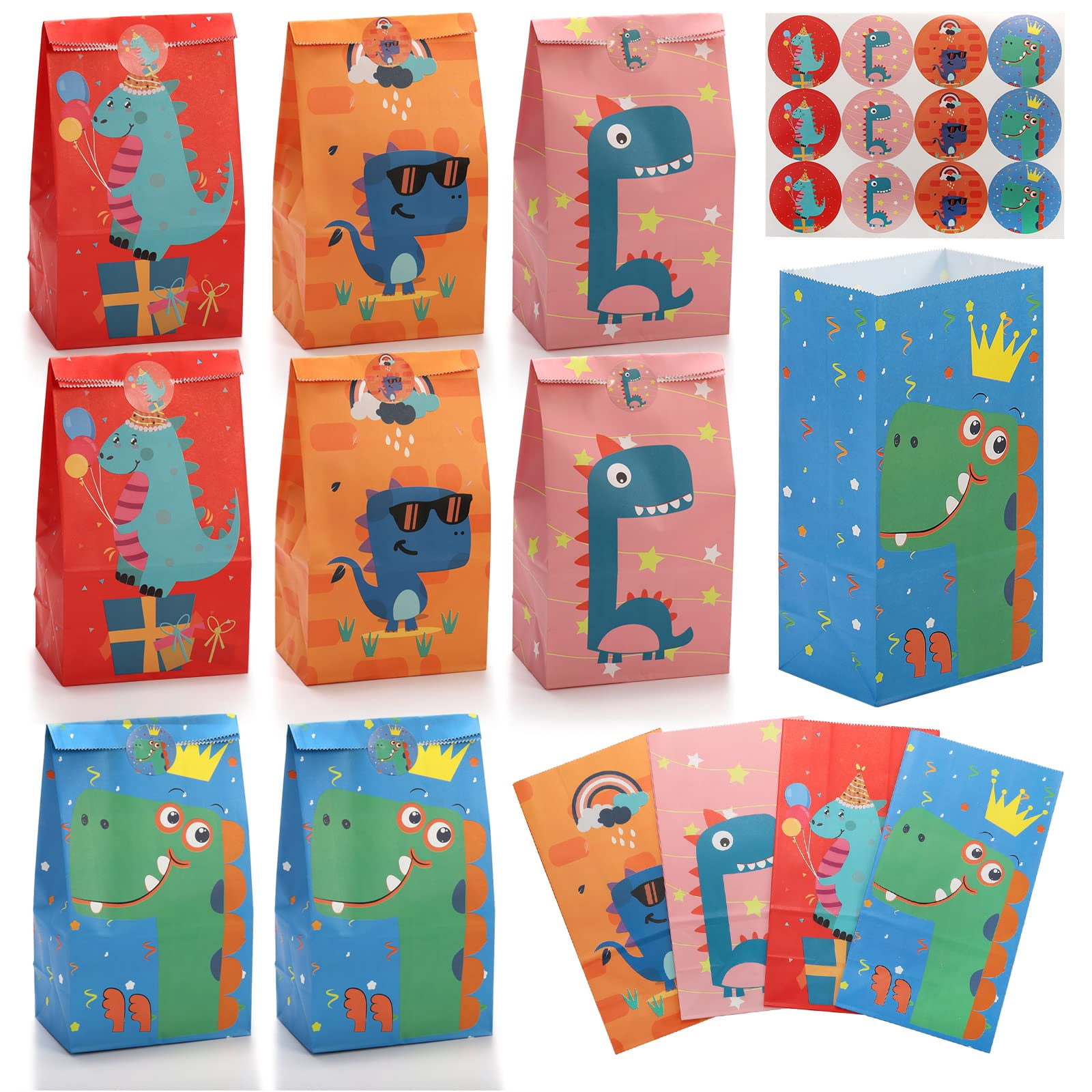 ZENFUN 60 Piece Dinosaur Party Favor Bags with Stickers, Colorful Kraft