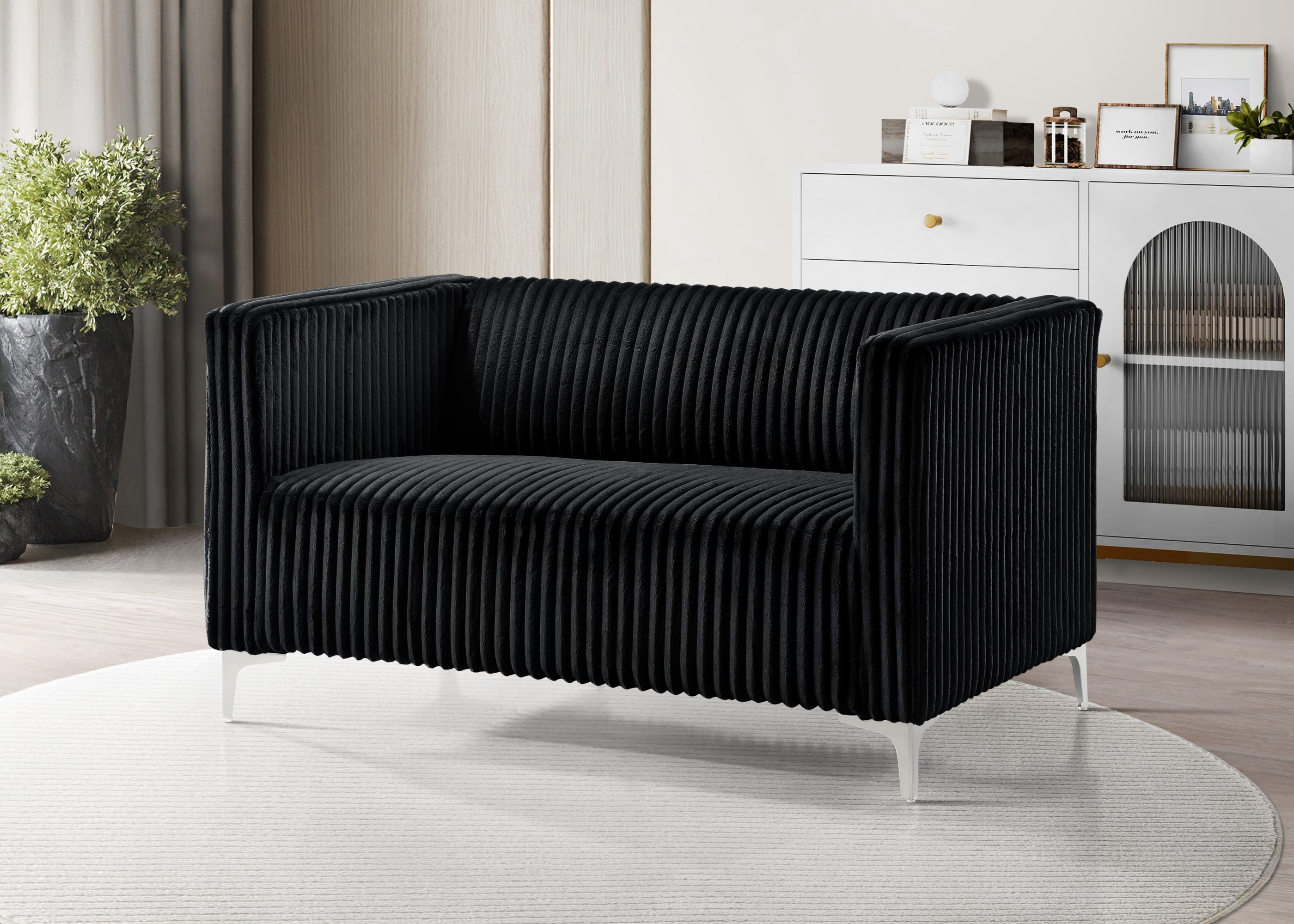 Home Design Gavin Velvet Square Arm Loveseat with Plush Cushions and Modern Upholstery, Durable Frame for Living Room, Contemporary Black Design