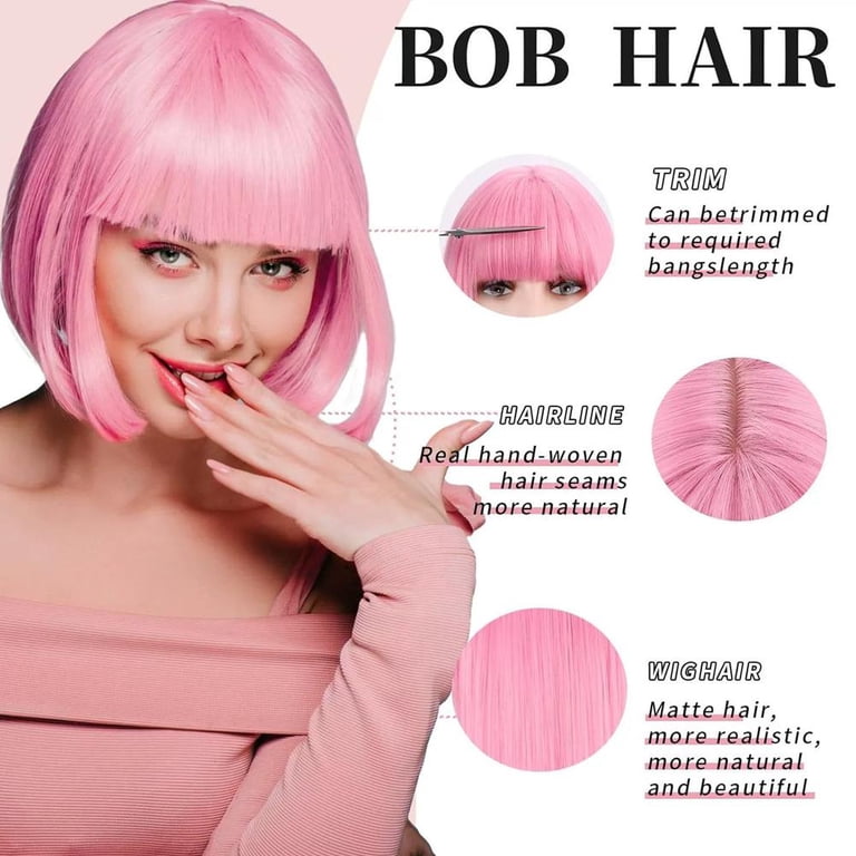 Women 01-pink Heat Resistant Synthetic Bob Party Neon Wig Bangs 12 Inch S2bfe2682984540188aafd85714f68  main image 2