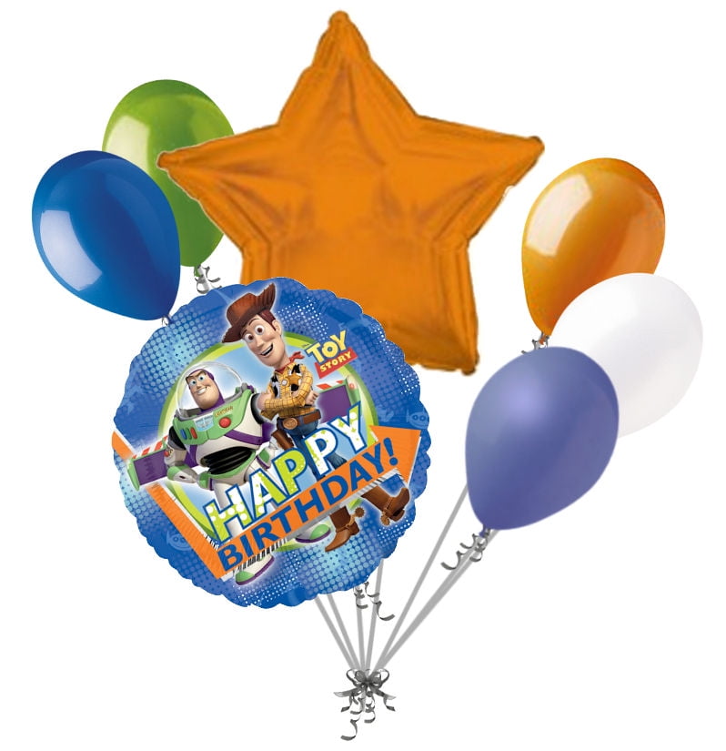 7 pc Toy Story Gang Blue Happy Birthday Balloon Bouquet Party Decoration Disney