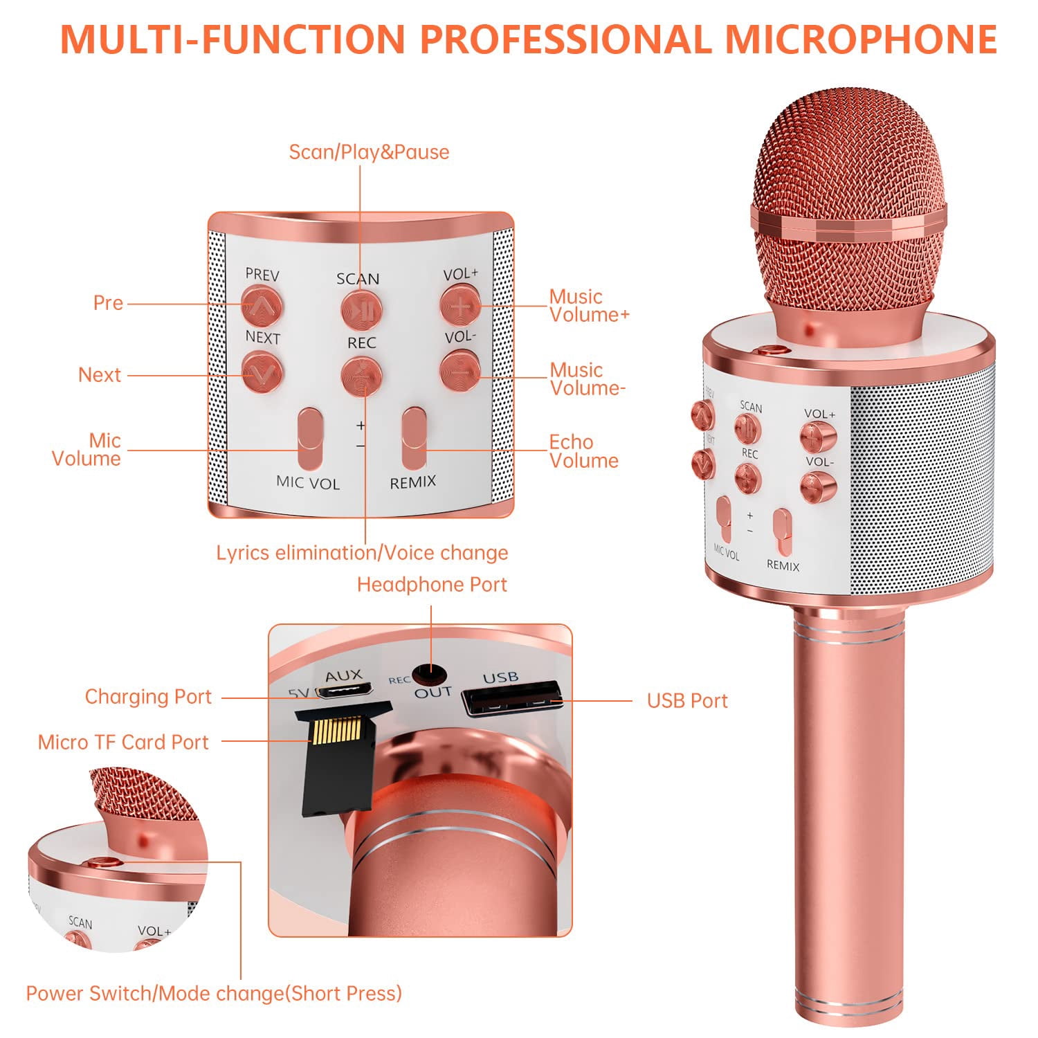 DAKIMOE Wireless Bluetooth Karaoke Microphone, Portable Handheld Singing Microphone for Kids Adults with Stereo Speaker and Voice Changer for All Smartphones, Gifts for Girls Kids Adults, Rose Gold